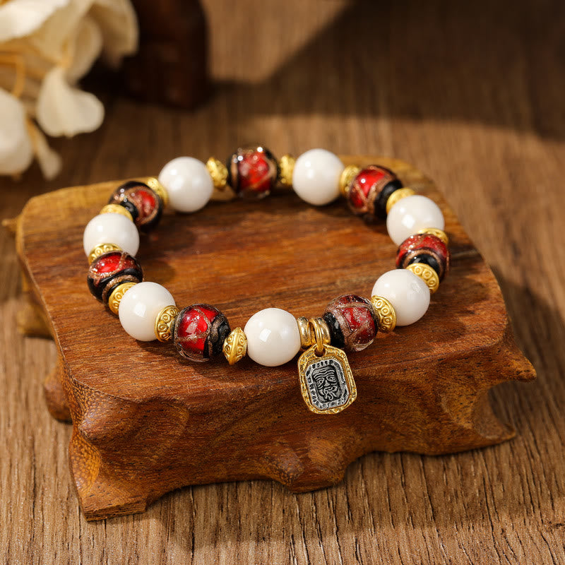 Buddha Stones Tibetan Zakiram Goddess of Wealth Charm Liuli Glass Incense Ash Porcelain Bead Protection Bracelet - White Porcelain - Red Liuli Glass Bead - image 3