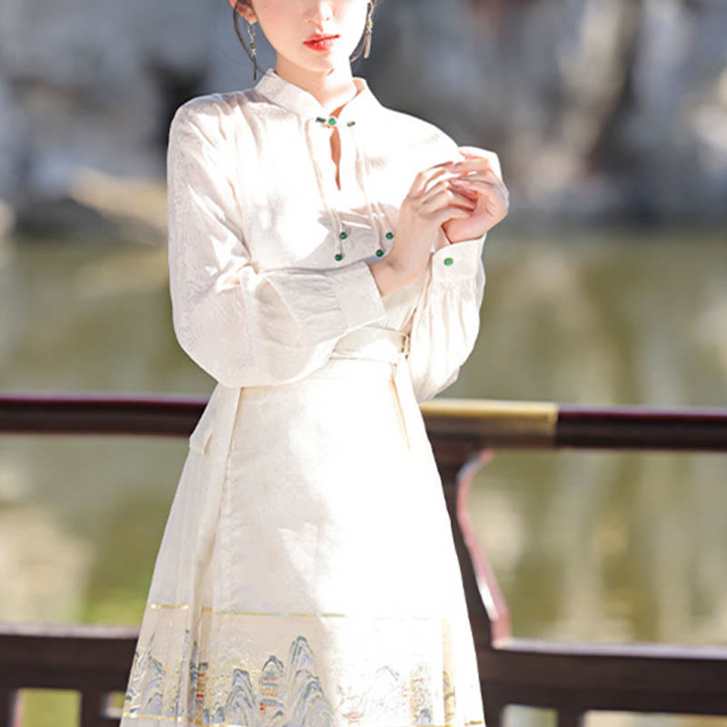 Buddha Stones Beige A Panorama of Rivers and Mountains Printed Chinese Hanfu Horse Face Skirt Mamianqun