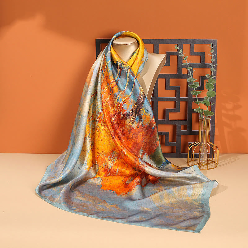 Buddha Stones Oil Painting City Snow Scene Castle Lotus 100% Mulberry Silk Neck Hair Scarf - Oil Painting - image 0