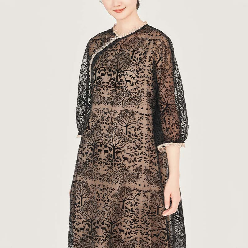 Buddha Stones 2Pcs Casual Tree Pattern Women's Mid Sleeve Cheongsam Dress