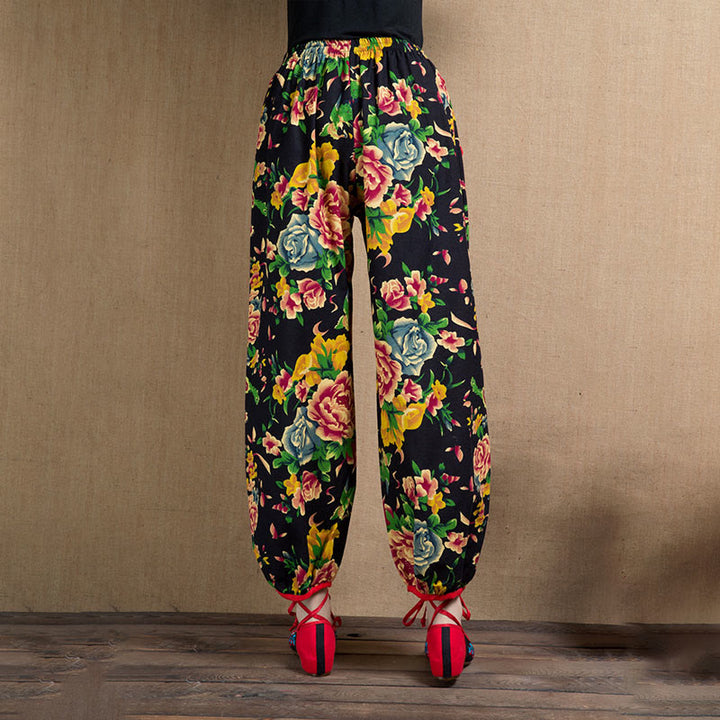 Buddha Stones Ethnic Style Red Green Flowers Print Harem Pants With Pockets