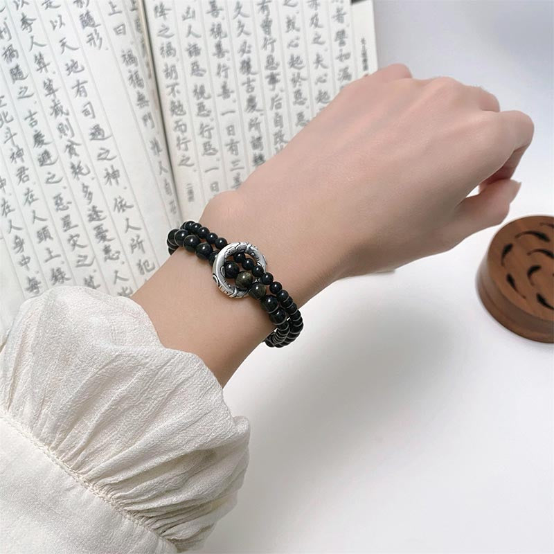 Buddha Stones 999 Sterling Silver Black Obsidian Fulfillment Strength Double Layer Bracelet