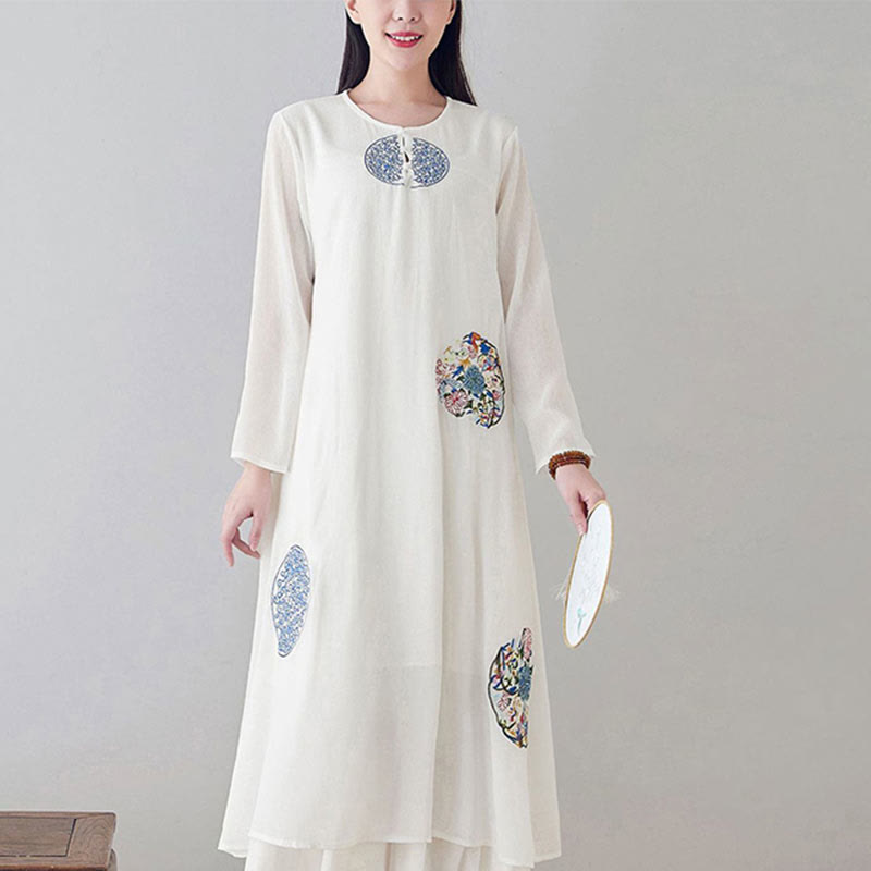 Buddha Stones Embroidery Long Sleeve Midi Dress Meditation Spiritual Zen Practice