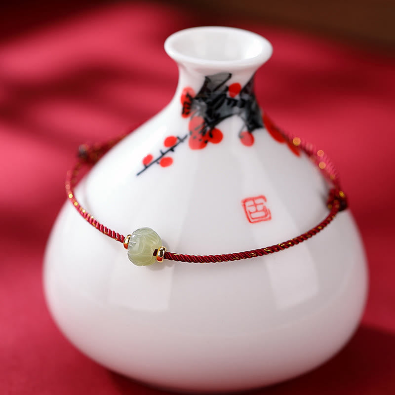 Buddha Stones 925 Sterling Silver Plated Gold Hetian Jade Lotus Luck Red String Bracelet - Small Jade Lotus 6*8mm(Bracelet Size 22cm) - image 1