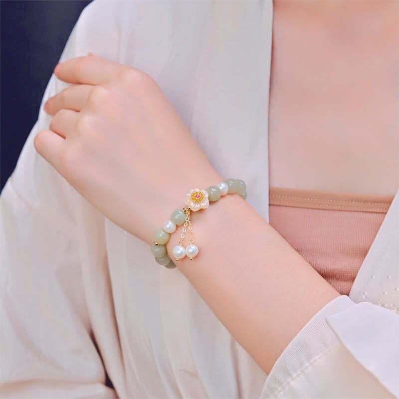 Hetian Jade Flower Pearl Happiness Abundance Bracelet - image 2