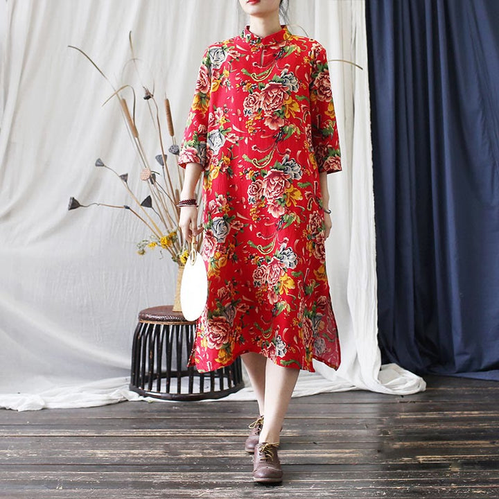 Buddha Stones Red Blue Peony Midi Dress Half Sleeve Cotton Linen Dress Wide Leg Pants With Pockets