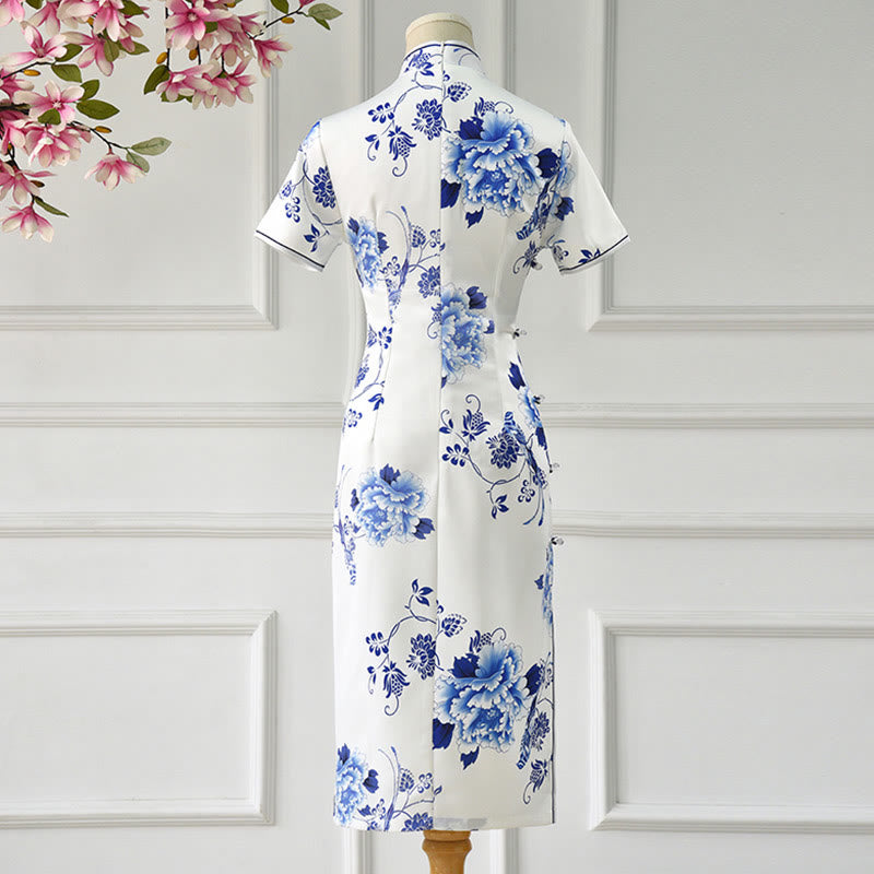 Buddha Stones Blue And White Porcelain Color Peony Flower Pattern Cheongsam Dress Women's Qipao Dress