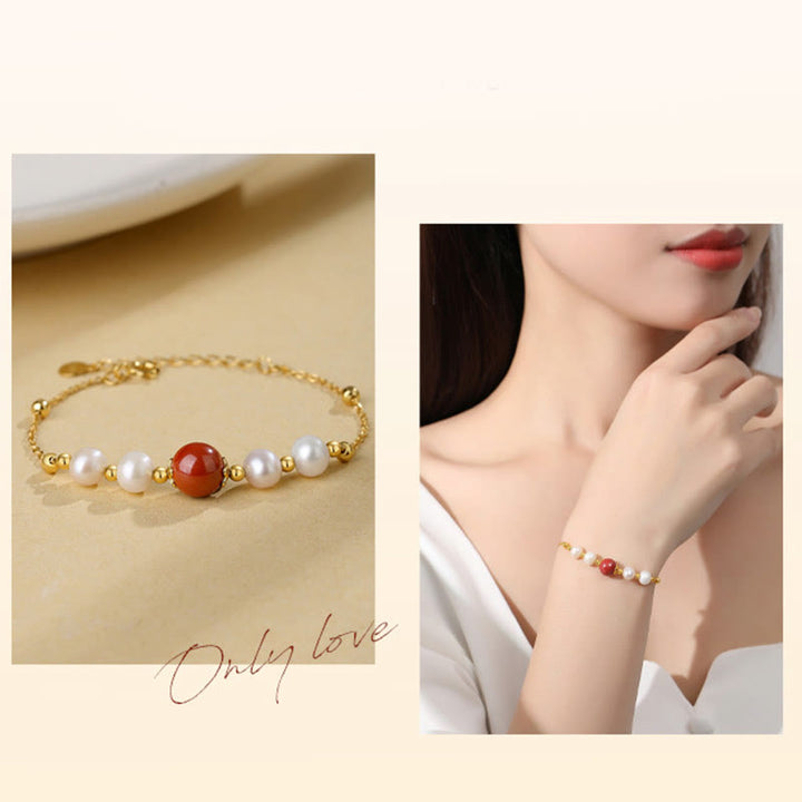 Buddha Stones 925 Sterling Silver Pearl Cinnabar Healing Bead Chain Bracelet - image 8