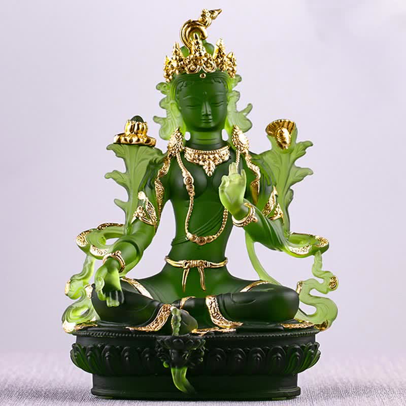 Bodhisattva Green Tara Handmade Liuli Crystal Art Piece Protection Home Office Statue Decoration