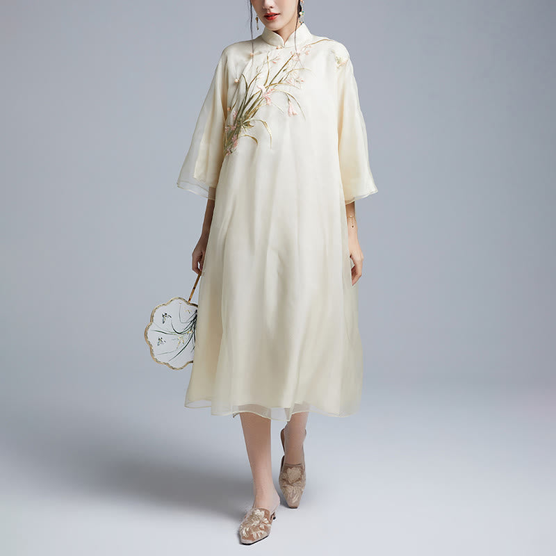 Buddha Stones 100% Mulberry Silk 6 Momme Dress Vintage Flower Butterfly Embroidery Qipao Dress Women's Cheongsam Dress - image 5