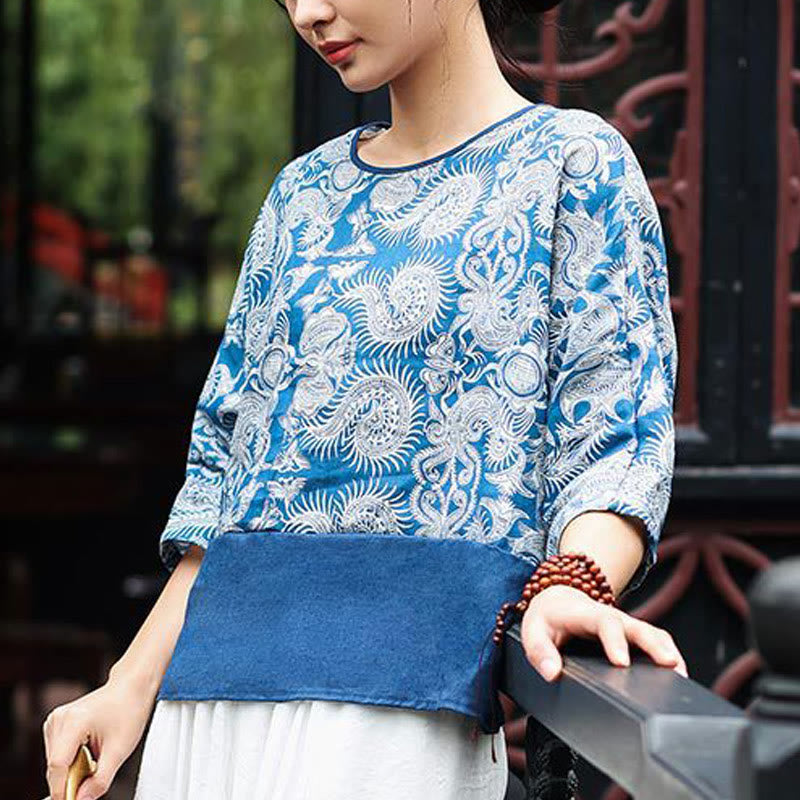 Buddha Stones Blue Flowers Three Quarter Sleeve Top Casual Tee T-shirt