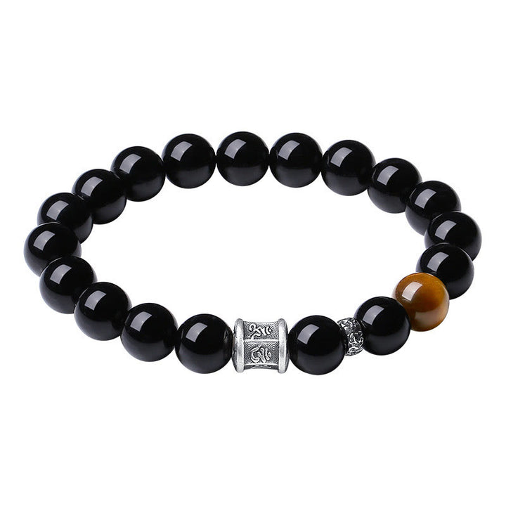 Buddha Stones 999 Sterling Silver Black Obsidian Tiger Eye Om Mani Padme Hum Fulfillment Bracelet - image 5