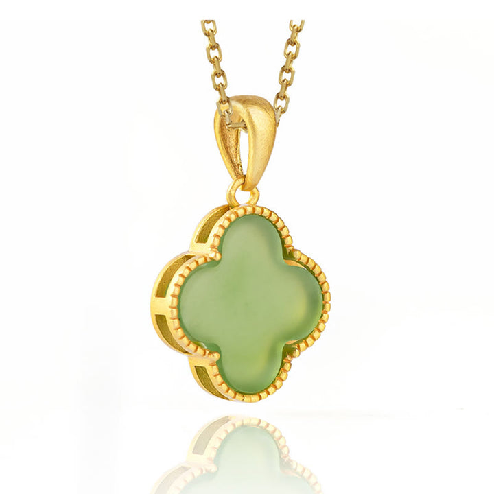 Buddha Stones 925 Sterling Silver Natural Hetian Jade Luck Four Leaf Clover Necklace Pendant - image 2