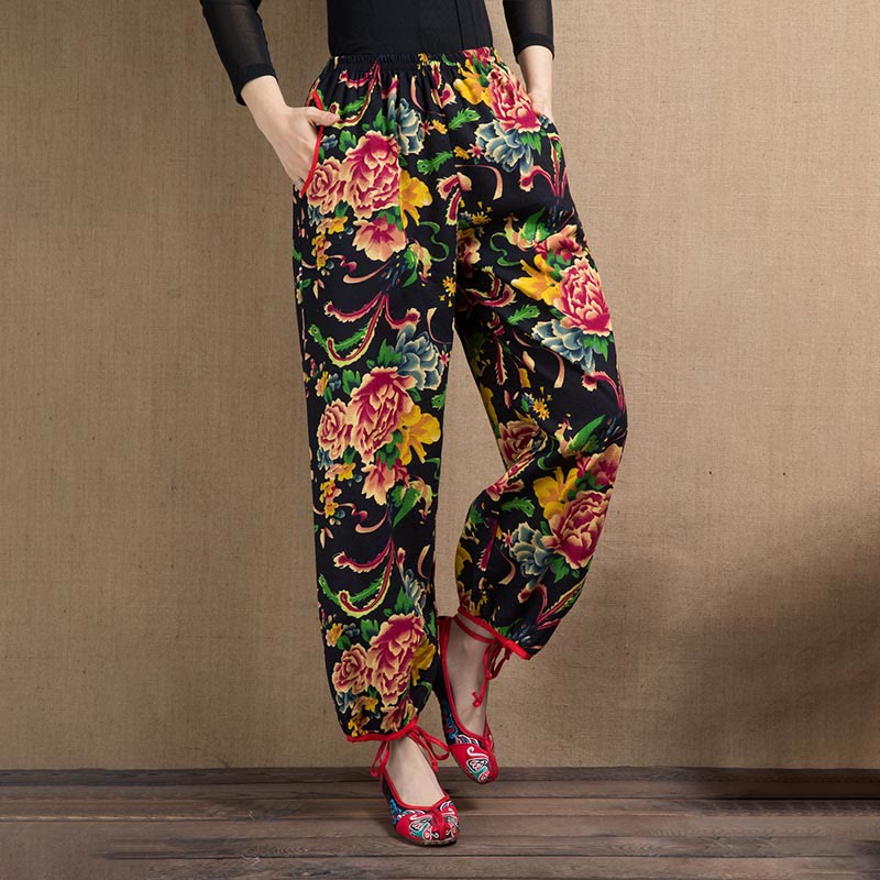 Buddha Stones Ethnic Style Red Green Flowers Print Harem Pants With Pockets