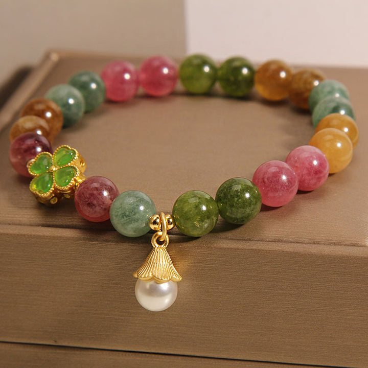 Buddha Stones Colorful Tourmaline Four Leaf Clover Flower Wisdom Bracelet