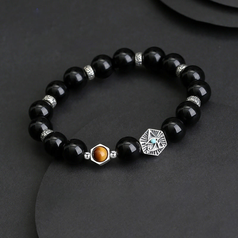 Buddha Stones 925 Sterling Silver Black Obsidian Tiger Eye Eye of Providence Purification Bracelet - image 1