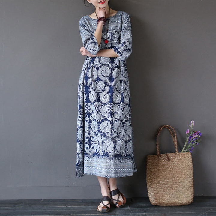 Buddha Stones Blue White Flower Printed Button Midi Dress Three Quarter Sleeve Cotton Linen Dress With Pockets