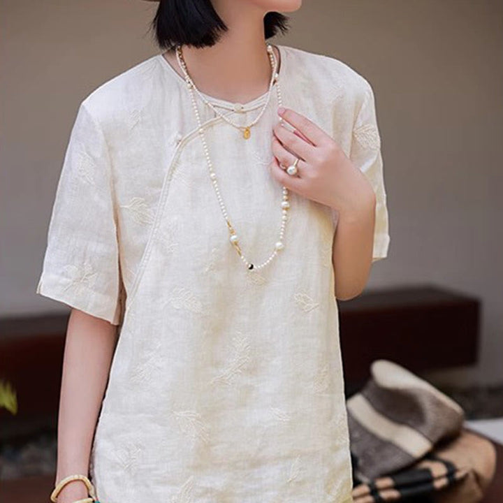 Buddha Stones Ramie Linen Loose Blouse Short Sleeve Shirt Chinese Style Top