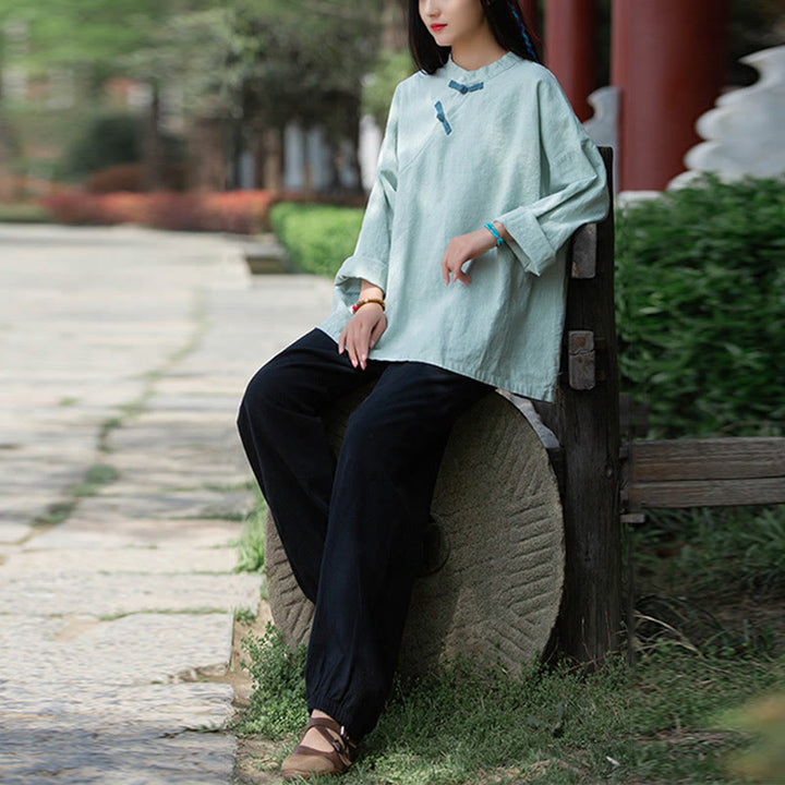 Buddha Stones Ramie Linen Loose Blouse Women Long Sleeve Shirt Chinese Hanfu Top