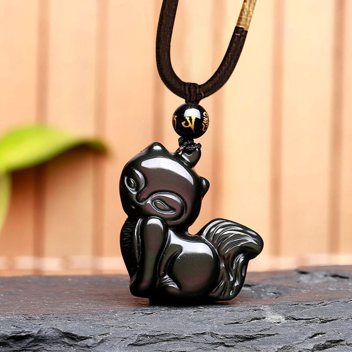 Buddha Stones Natural Rainbow Obsidian Gold Sheen Obsidian Nine Tailed Fox Positive Necklace Pendant