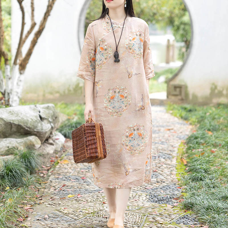 Buddha Stones Orange Flower Bird Print Cheongsam Midi Dress Cotton Linen Half Sleeve Dress With Pockets