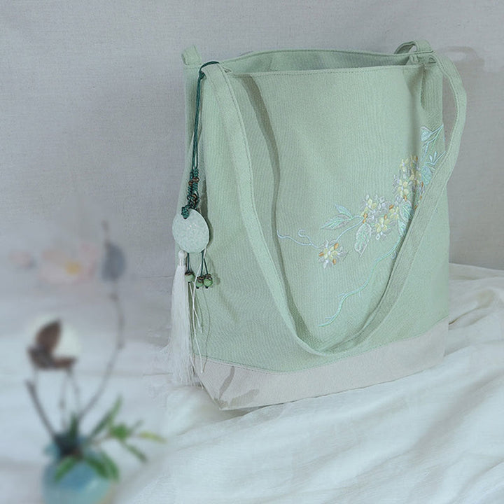 Flower Crane Plum Blossom Embroidery Canvas Large Capacity Shoulder Bag Tote Bag