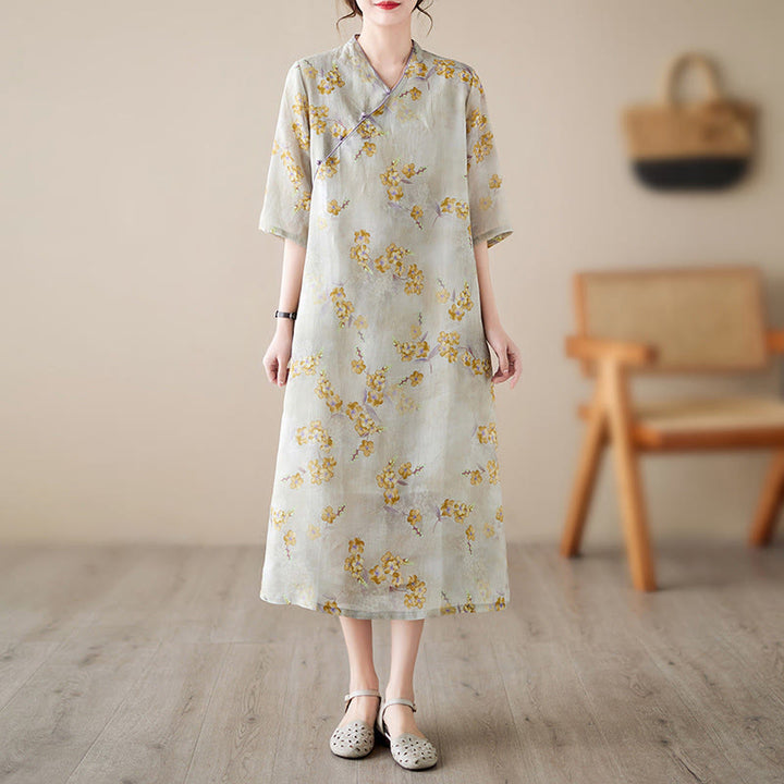 Buddha Stones Yellow Flowers Print Cheongsam Midi Dress Cotton Linen Half Sleeve Dress With Pockets