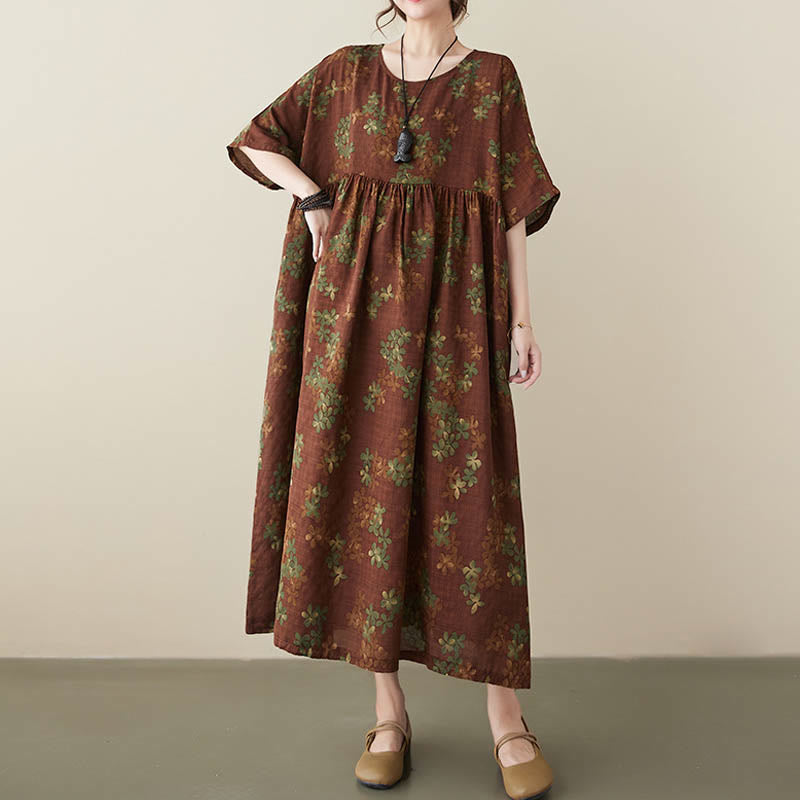 Buddha Stones Blue Brown Flowers Midi Dress Cotton Half Sleeve Tunic Dress With Pockets