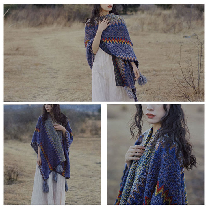 Buddha Stones Tibetan Shawl Soft Warm Knitting Cloak Winter Tibetan Tassel Scarf - image 17