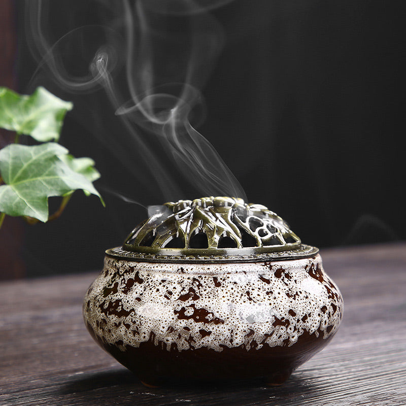 Flower Pattern Ceramic Blessing Meditation Incense Burner Decoration - White - image 5