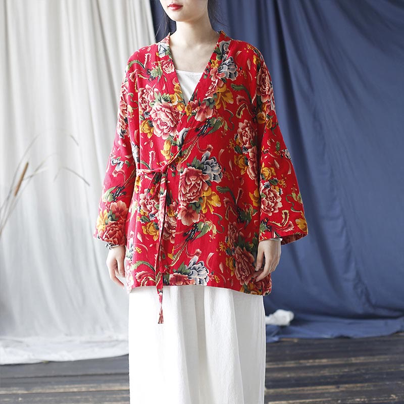 Buddha Stones Ethnic Style Northeast Red Flower Peony Print Cotton Linen Lace Up Jacket