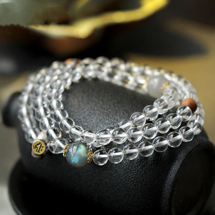 Buddha Stones 925 Sterling Silver Chinese Zodiac Natal Buddha White Crystal Meditation Triple Wrap Bracelet - Dog/Pig-Amitabha Buddha - image 0