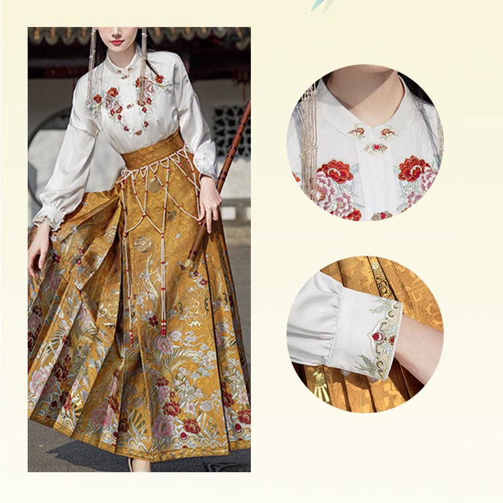 Buddha Stones Golden Flower Phoenix Embroidery Long Sleeve Shirt Top Chinese Hanfu Ming Dynasty Horse Face Skirt Mamianqun Skirt