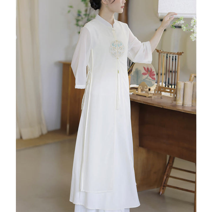 Buddha Stones Embroidery Chiffon Cheongsam Midi Dress Wide Leg Pants Meditation Zen Practice Clothing