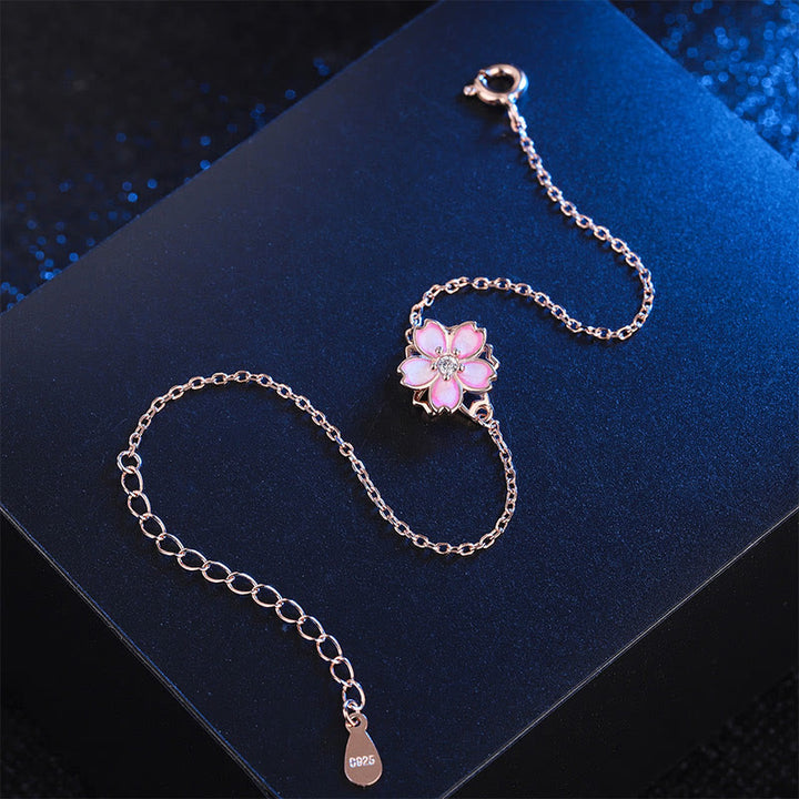 Buddha Stones 925 Sterling Silver Cherry Blossom Blessing Chain Bracelet Rotatable Ring - image 3