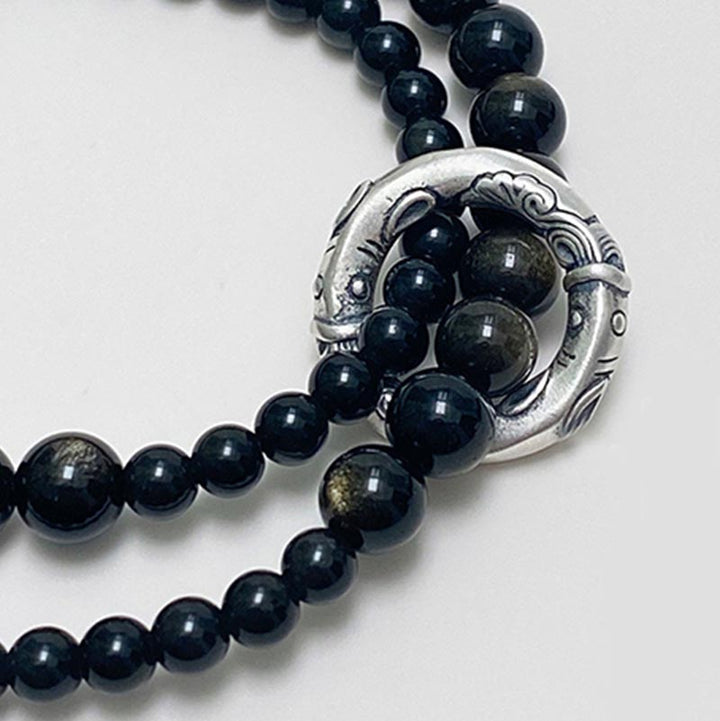 Buddha Stones 999 Sterling Silver Black Obsidian Fulfillment Strength Double Layer Bracelet