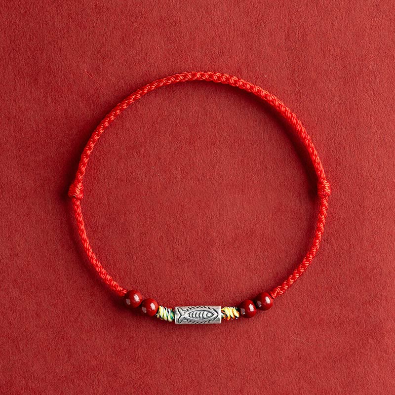 Buddha Stones 925 Sterling Silver Koi Fish Cinnabar Bead Wealth Handcrafted Braided Bracelet Anklet - Anklet(Circumference 17-30cm) - Red Rope - image 0