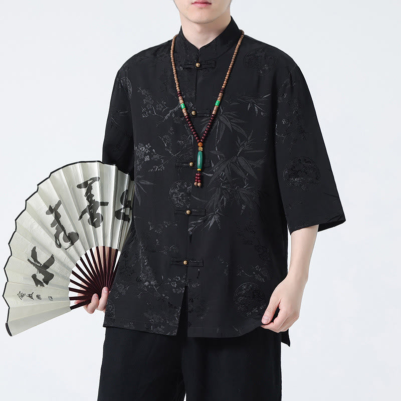 Buddha Stones Peach Blossom Bamboo Leaves Frog-button Chinese Half Sleeve Shirt Men T-shirt