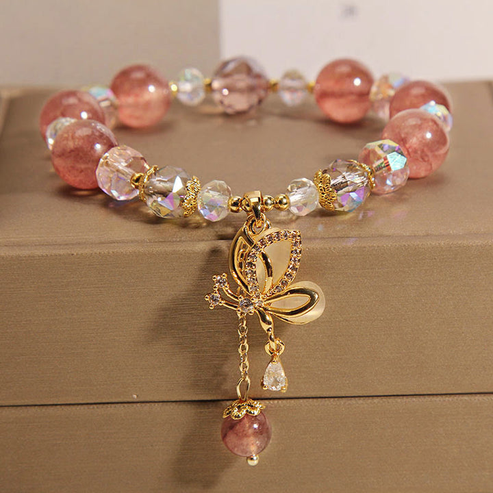 Buddha Stones Natural Strawberry Quartz Healing Positive Butterfly Charm Bracelet