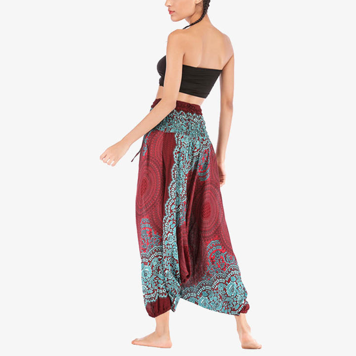 Buddha Stones Two Style Wear Round Geometric Pattern Loose Smocked Harem Trousers Jumpsuit High Waist Women's Yoga Pants