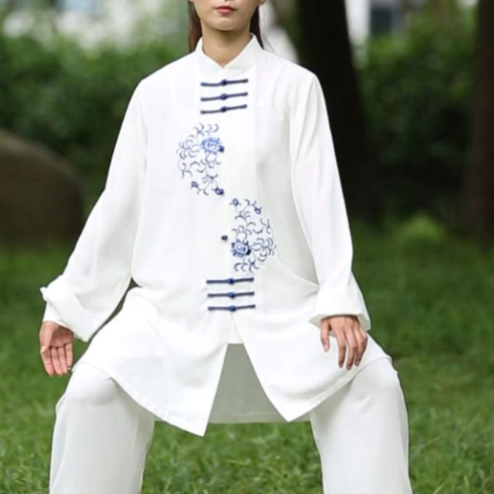 Flower Embroidery Meditation Prayer Spiritual Zen Tai Chi Qigong Practice Unisex Clothing Set