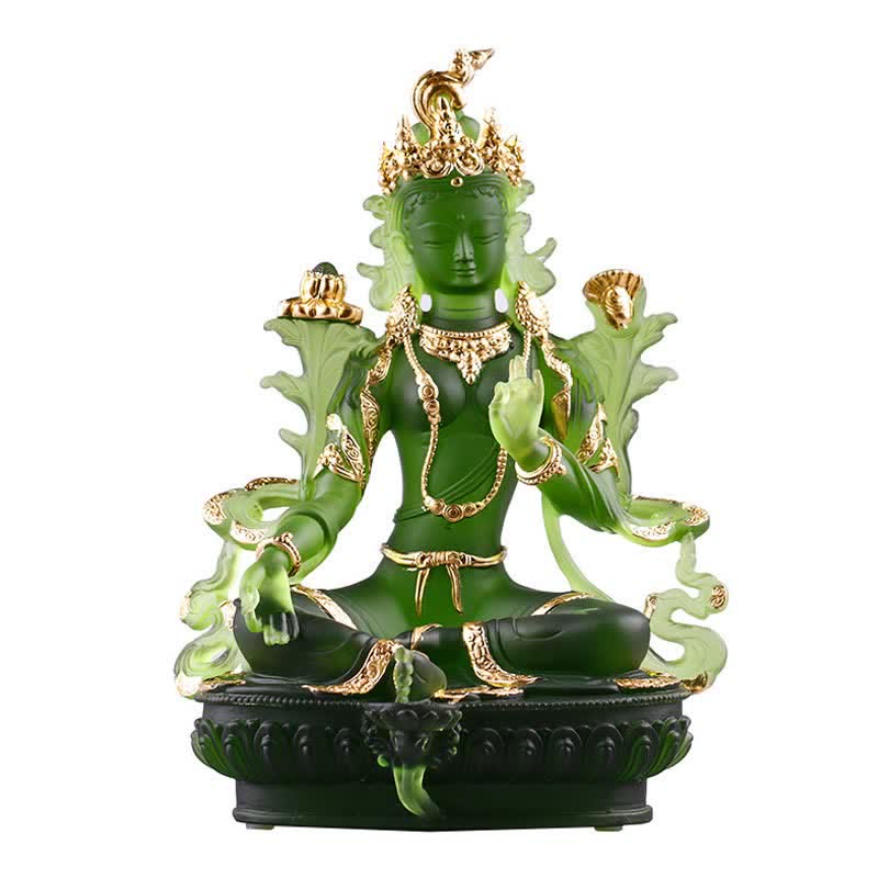 Bodhisattva Green Tara Handmade Liuli Crystal Art Piece Protection Home Office Statue Decoration