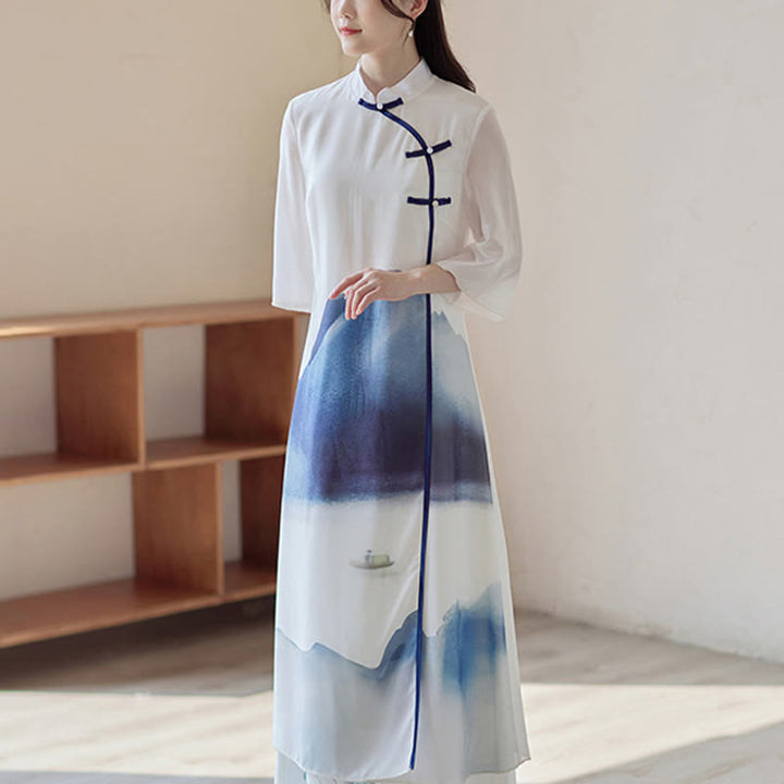 Buddha Stones Blue Landscape Painting Three Quarter Chinese Cheongsam Midi Dress