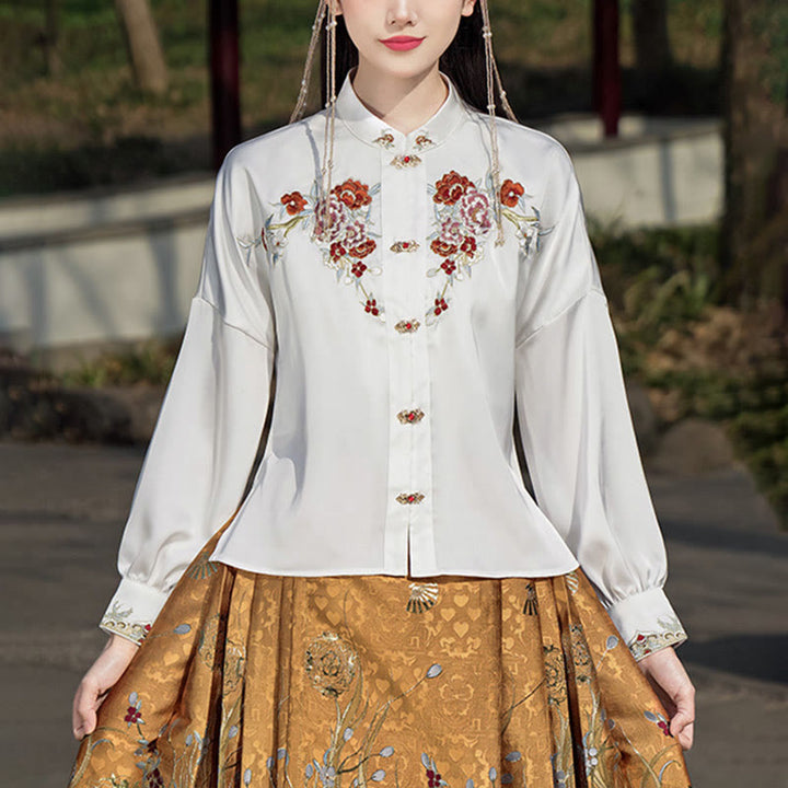 Buddha Stones Golden Flower Phoenix Embroidery Long Sleeve Shirt Top Chinese Hanfu Ming Dynasty Horse Face Skirt Mamianqun Skirt