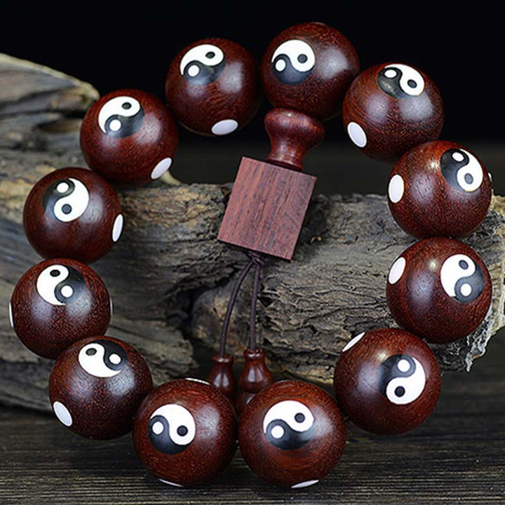 Buddha Stones Small Leaf Red Sandalwood Yin Yang Protection Bracelet