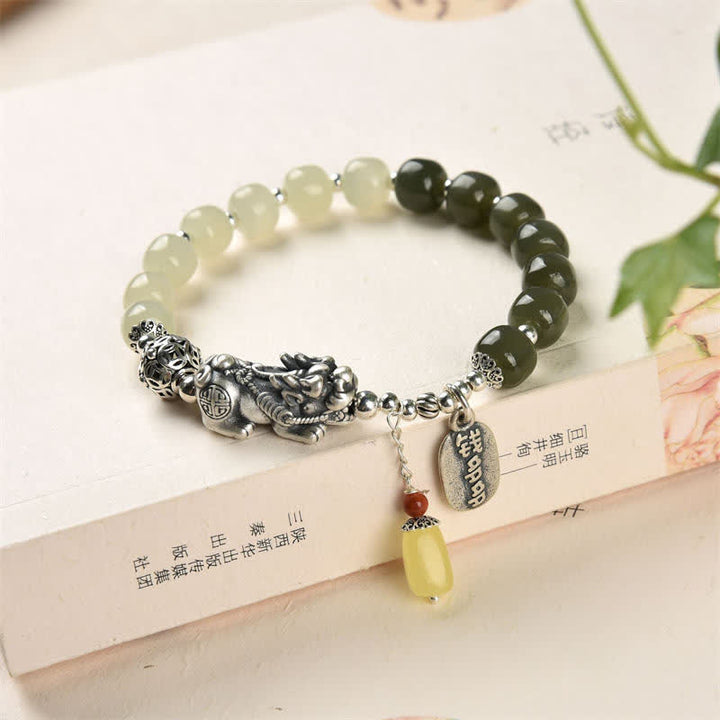 925 Sterling Silver Natural Hetian Jade Amber PiXiu Luck Bracelet - image 8