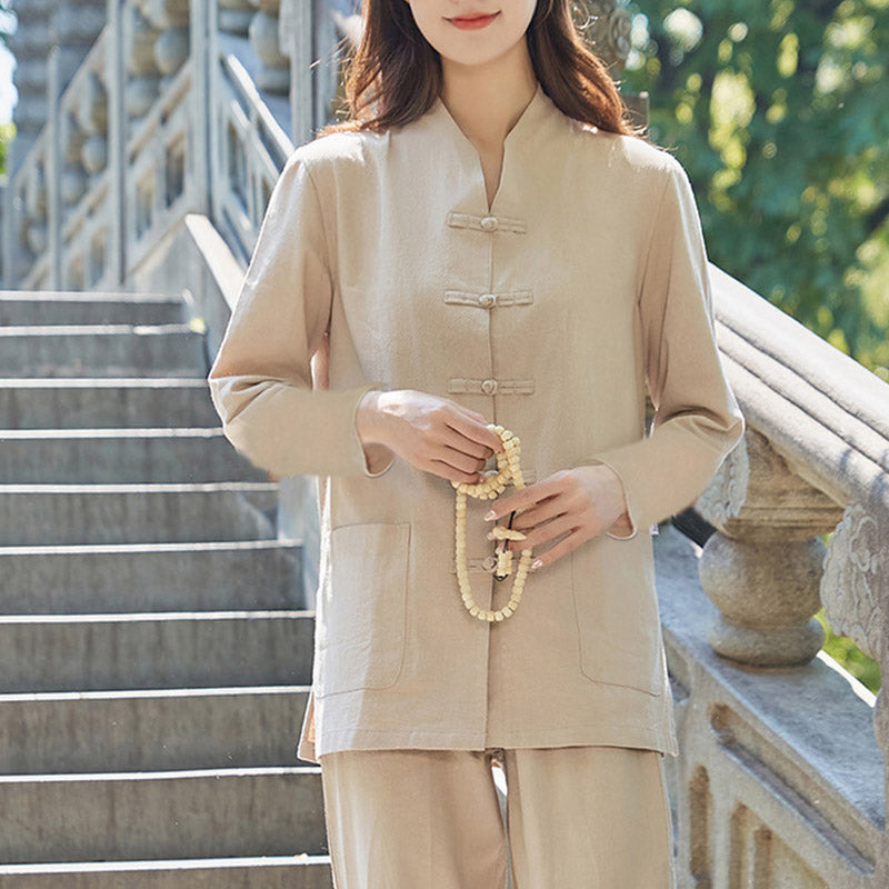 Spiritual Zen Practice Yoga Meditation Prayer Uniform Cotton Linen Clothing Women's Set - Khaki - US18，UK/AU22，EU50 (6XL) - image 10
