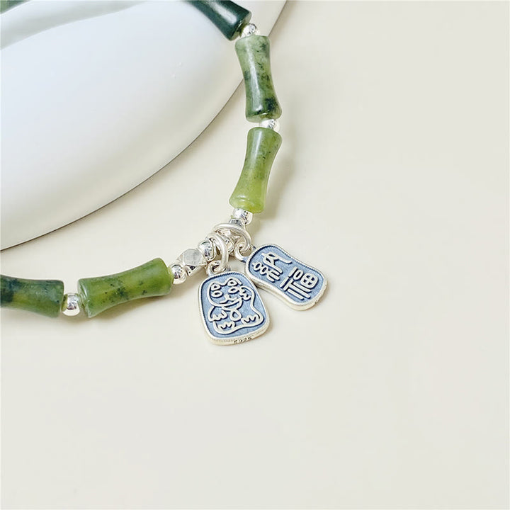 Buddha Stones 925 Sterling Silver Bamboo Jade Lucky Cat Fu Character Luck Abundance Bracelet - image 2