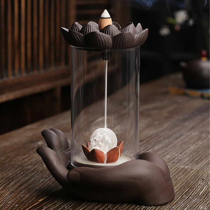 Buddha Stones Buddha Hand Lotus Enlightenment LED Light Purple Clay Ceramic Incense Burner Decoration - image 9