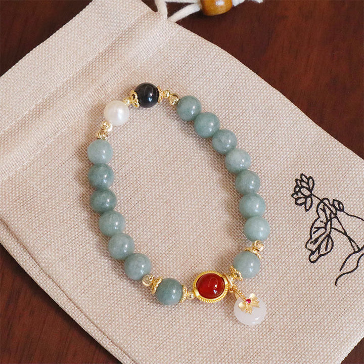 Buddha Stones Natural Jade Red Agate Pearl Bow Tie Luck Bracelet